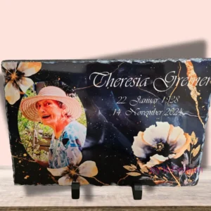 Schiefertafel, Schieferplatte, Erinnerungstafel, Grabschmuck, Grabstein, Grabdeko, personalisiert, Foto und Wunschtext, wetterfest