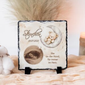 Gedenkplatte, Schiefertafel, Schieferplatte Sternenkind personalisiert, Trauergeschenk mit Daten und Foto Erinnerung Sternenbaby, wetterfest