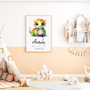 Personalisiertes Dino Geburtsbild – Kinderzimmer Deko mit Name & Daten – Geschenk zur Geburt oder Taufe – Baby Poster mit süßem Drache