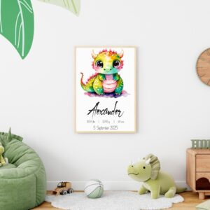 Personalisiertes Dino Geburtsbild – Kinderzimmer Deko mit Name & Daten – Geschenk zur Geburt oder Taufe – Baby Poster mit süßem Drache